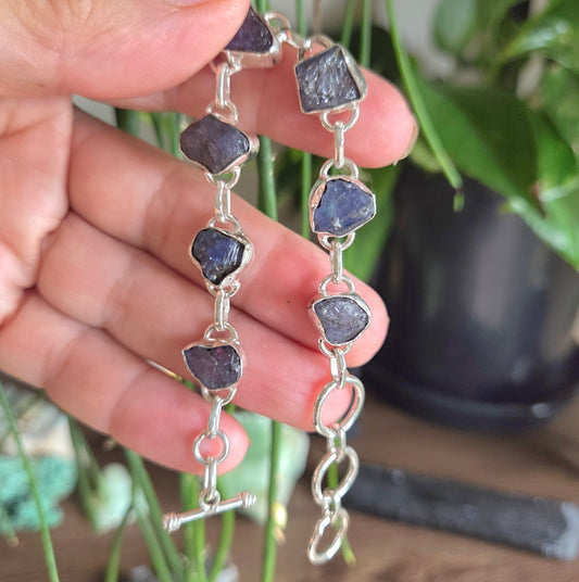 Silver bracelet with purple stones held by a hand, with plants in the background