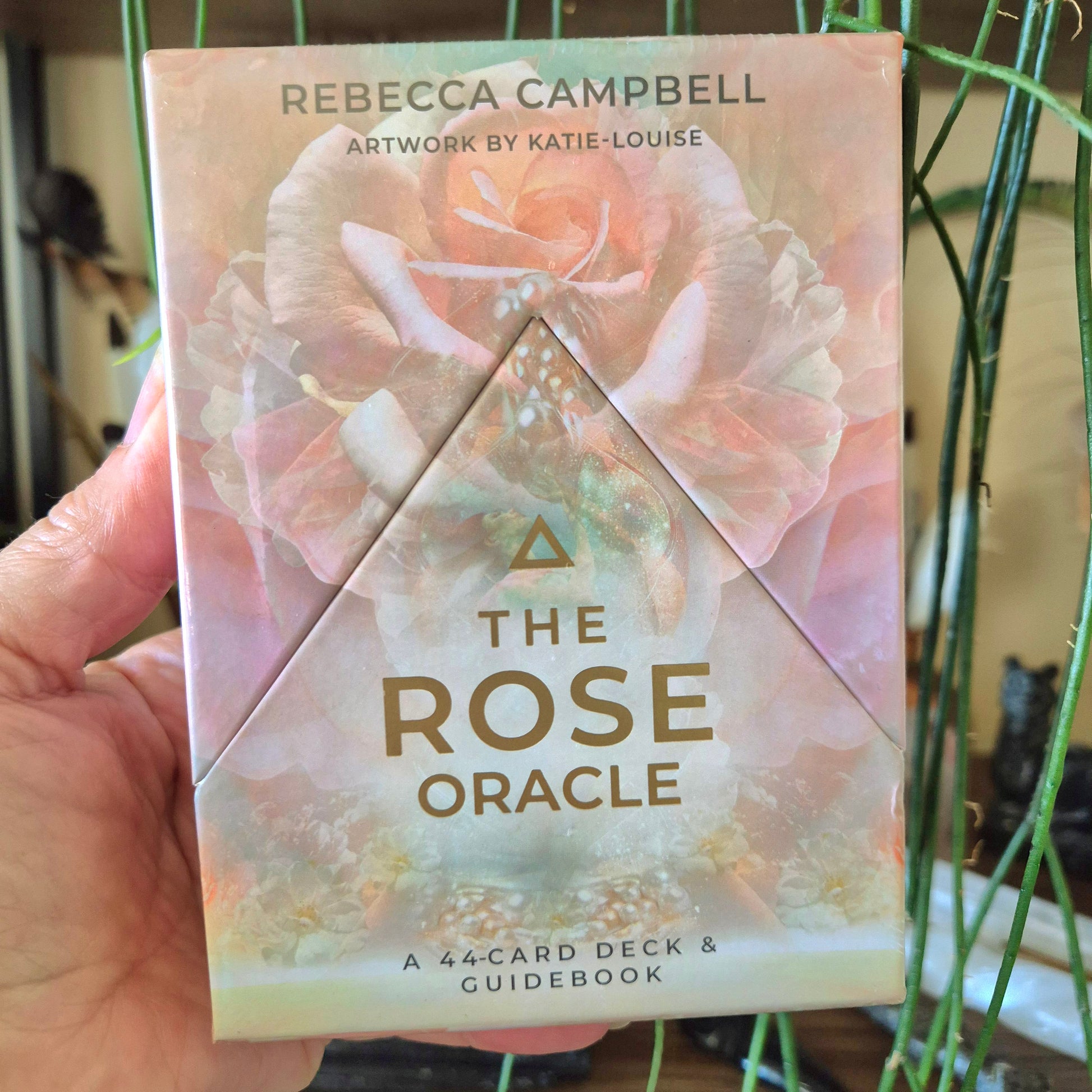 A hand holding a book titled 'The Rose Oracle' by Rebecca Campbell and Katie Louse, featuring an artwork of a rose on the cover.