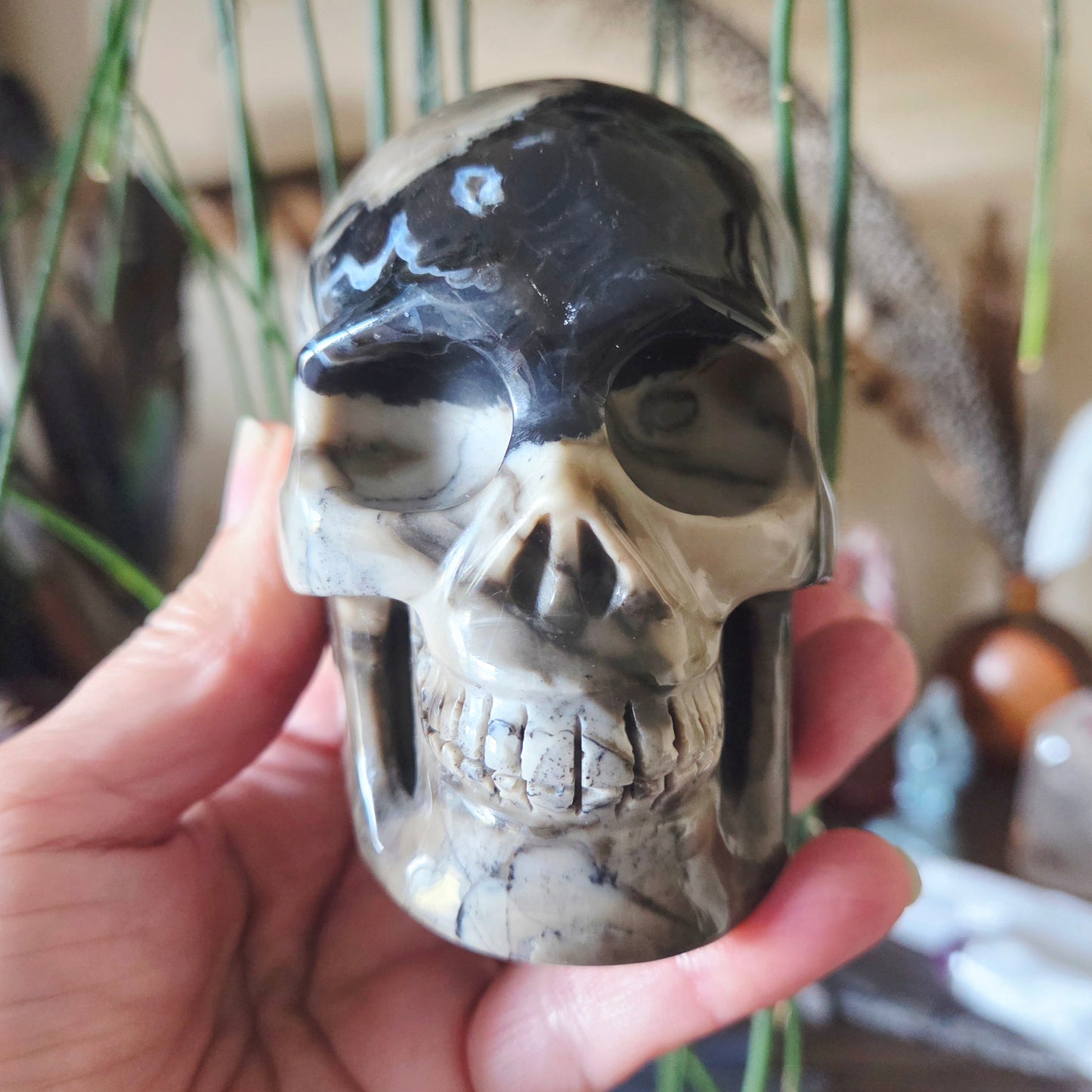 A hand holding a polished agate skull, showcasing the detailed carvings against a natural background.