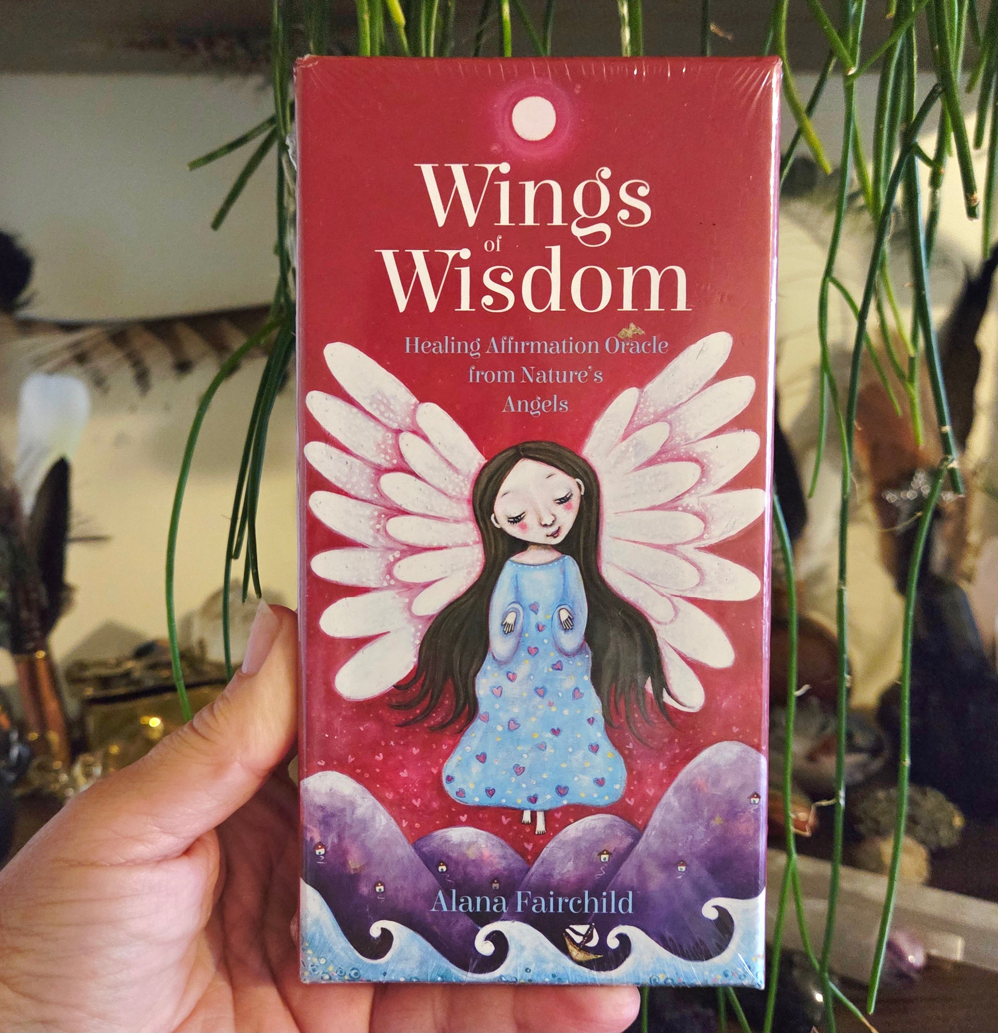 A person holding a pack of 'Wings of Wisdom Affirmation Cards' with a colorful illustration of an angel on the cover.