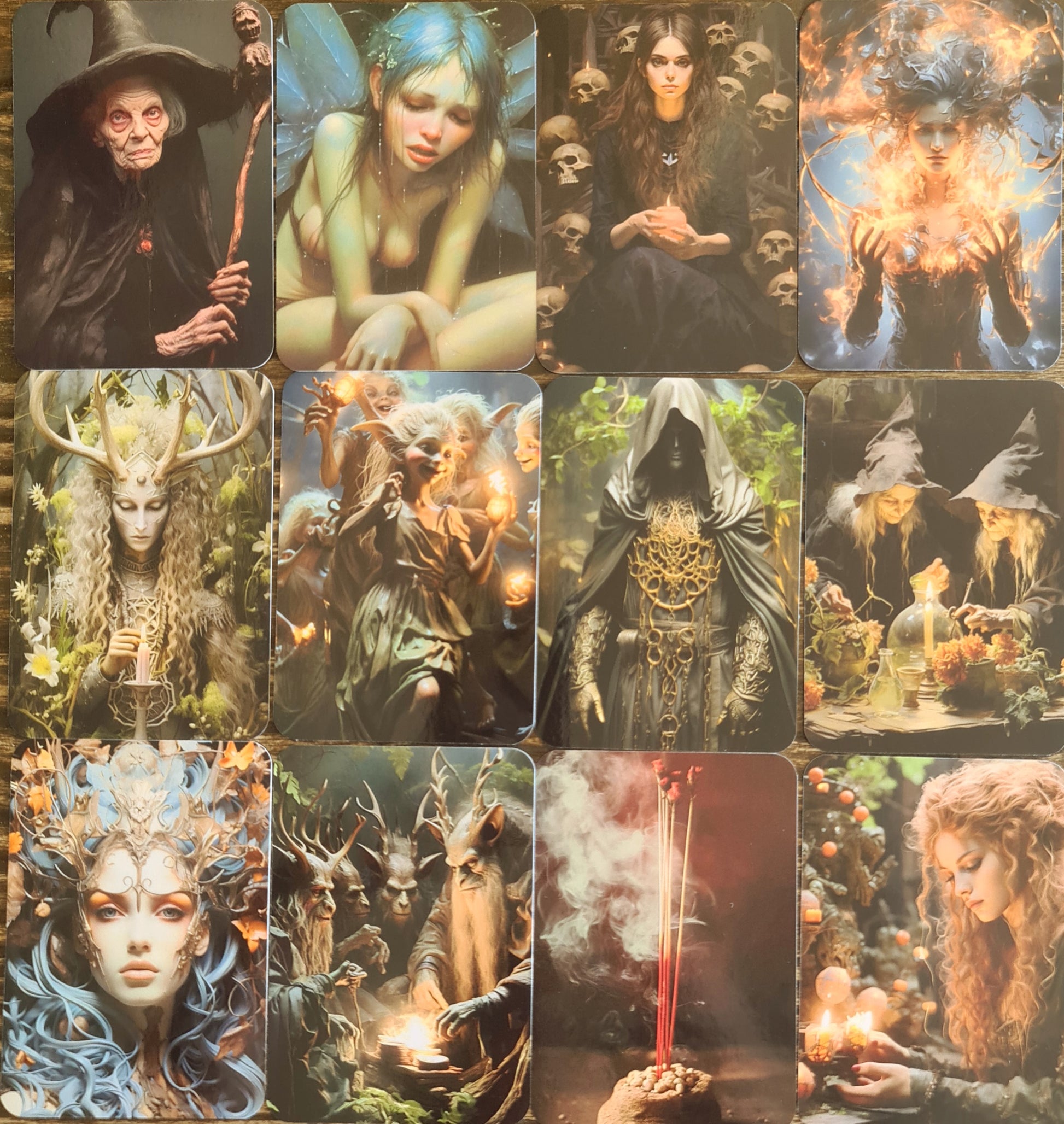 A collection of 37 cards from the 'Ye Olde Words Of Knowledge Oracle' deck, featuring various mystical and fantastical figures in colorful illustrations. The cards are displayed in a fan-like spread, showcasing different figures such as a wizard, a fairy, and other mystical characters.