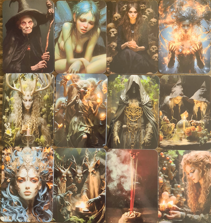 A collection of 37 cards from the 'Ye Olde Words Of Knowledge Oracle' deck, featuring various mystical and fantastical figures in colorful illustrations. The cards are displayed in a fan-like spread, showcasing different figures such as a wizard, a fairy, and other mystical characters.