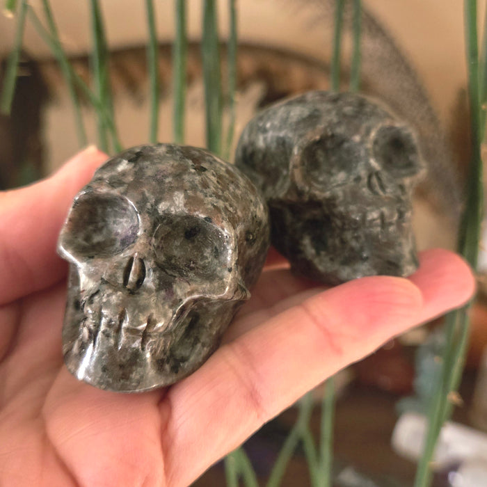 Two Yooperlite skull-shaped stones held in a person's hand, with the stone's texture and color visible.