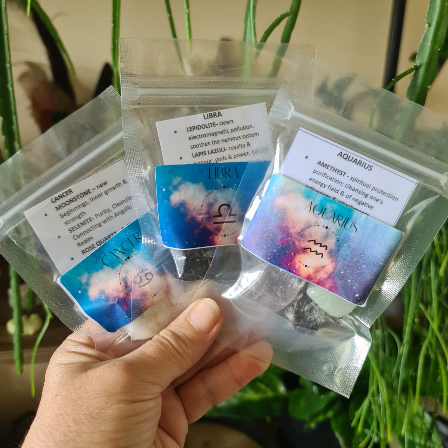 Three clear plastic pouches with labels indicating different zodiac signs and the product 'Zodiac Crystal Kits'. They are held in a hand with a plant in the background.