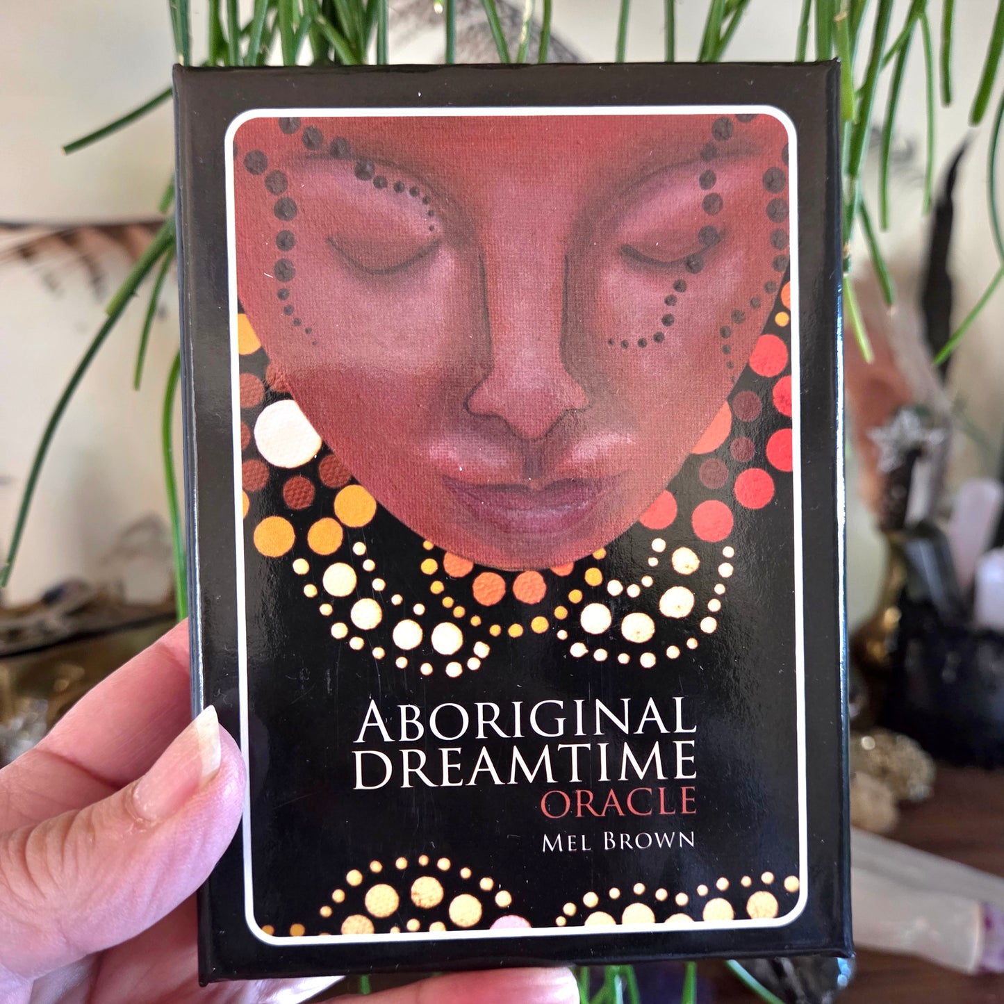 Book titled 'Aboriginal Dreamtime Oracle' by Mel Brown held in a hand with plants in the background.