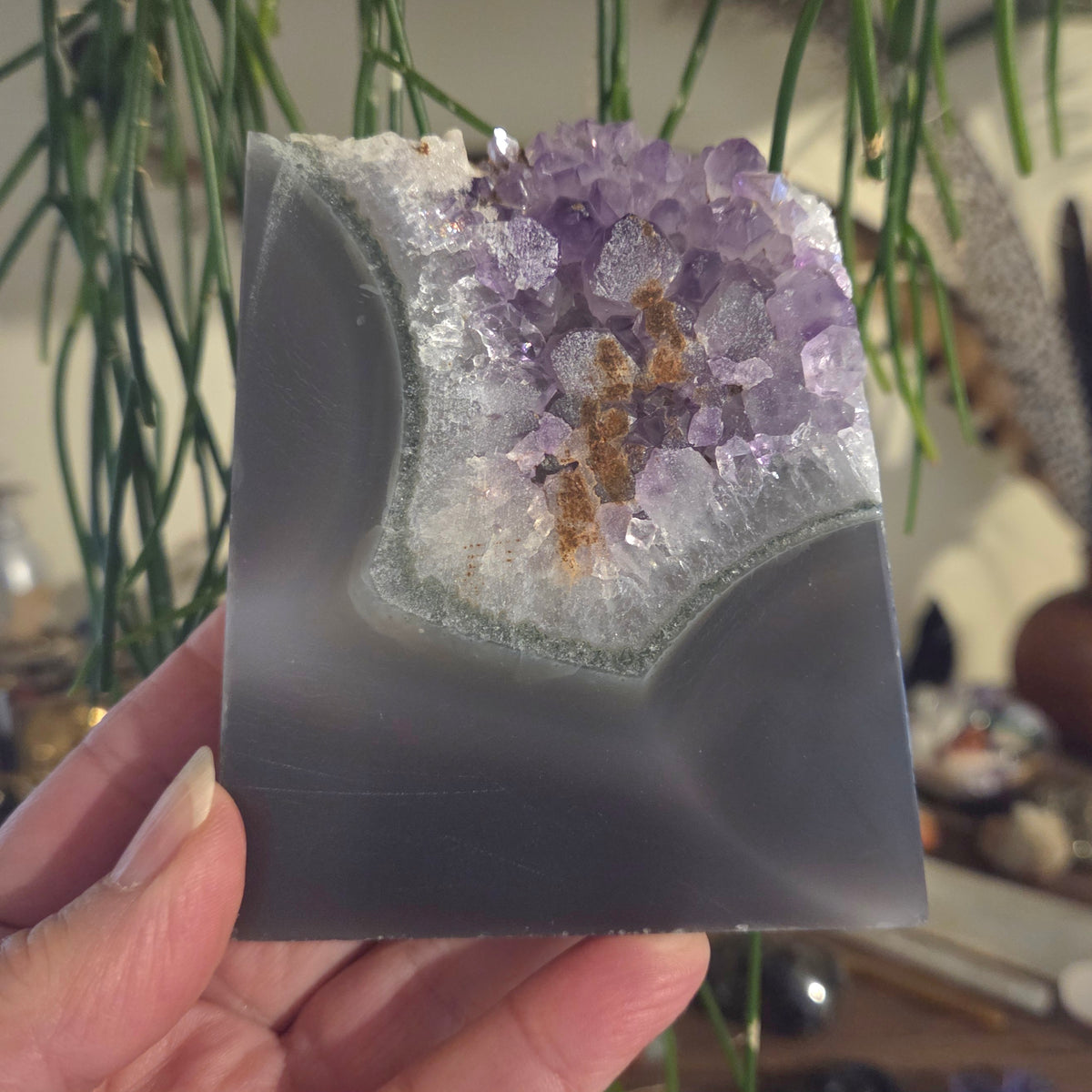 Amethyst crystal geode held by a hand with a blurred indoor background