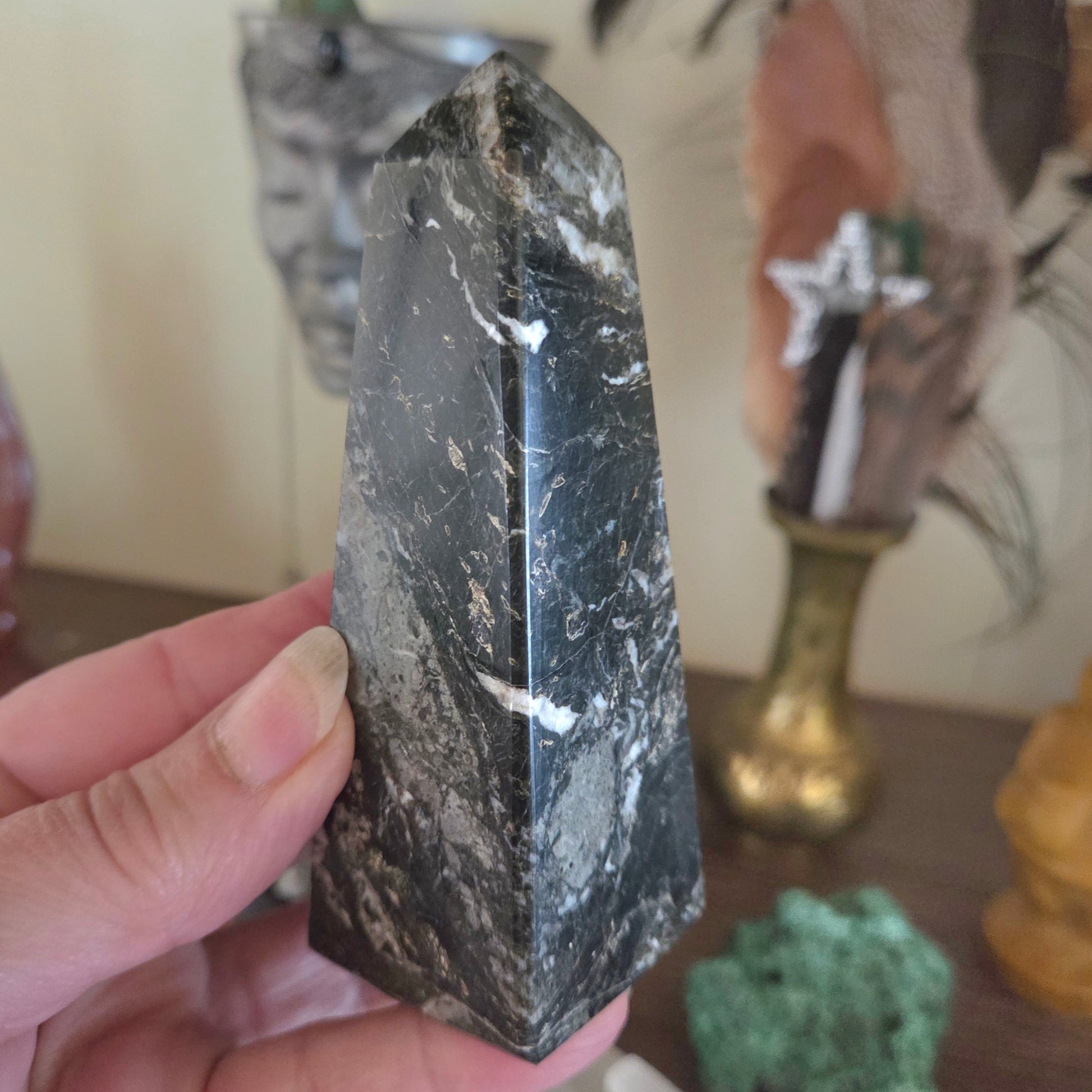 Person holding a large black crystal in front of a blurred background