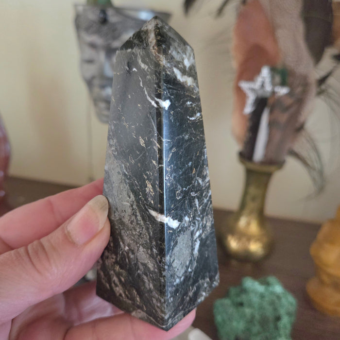 Person holding a large black crystal in front of a blurred background