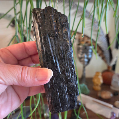 Hand holding a dark crystal with a blurred indoor background