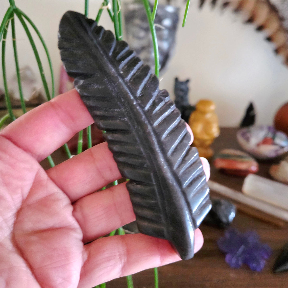 Hand holding a black leaf-shaped soap with a blurred background