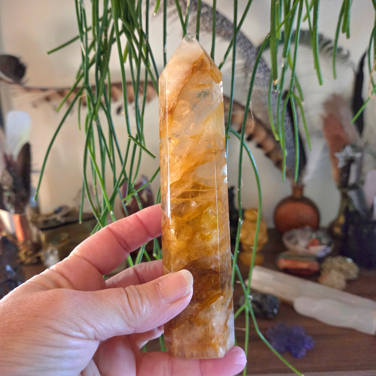Hand holding a large crystal with a blurred background of decorative items and plants
