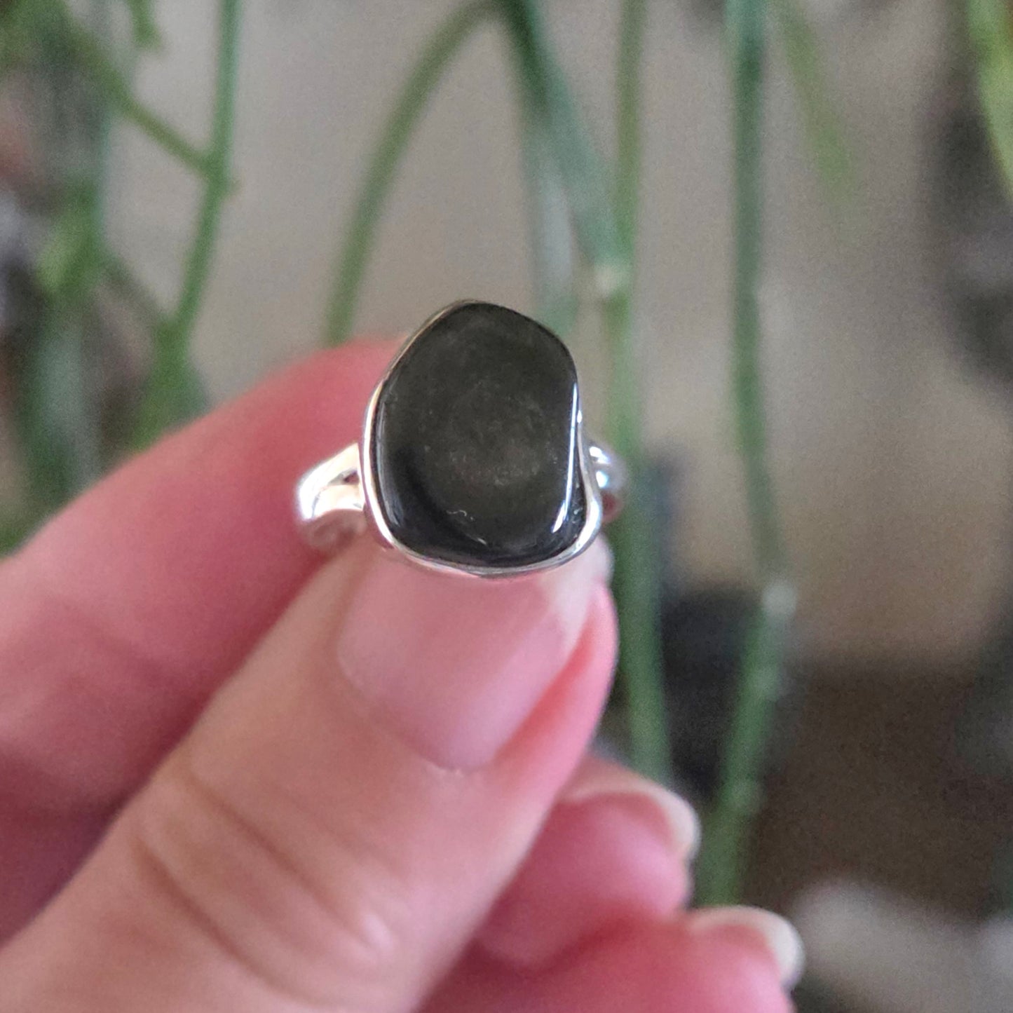 Silver ring with a black stone held between fingers against a blurred green plant background