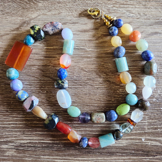 Multicolored beaded bracelet on a wooden surface