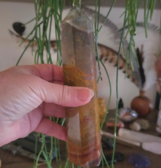 Hand holding a crystal with a blurred background of plants and decorative items