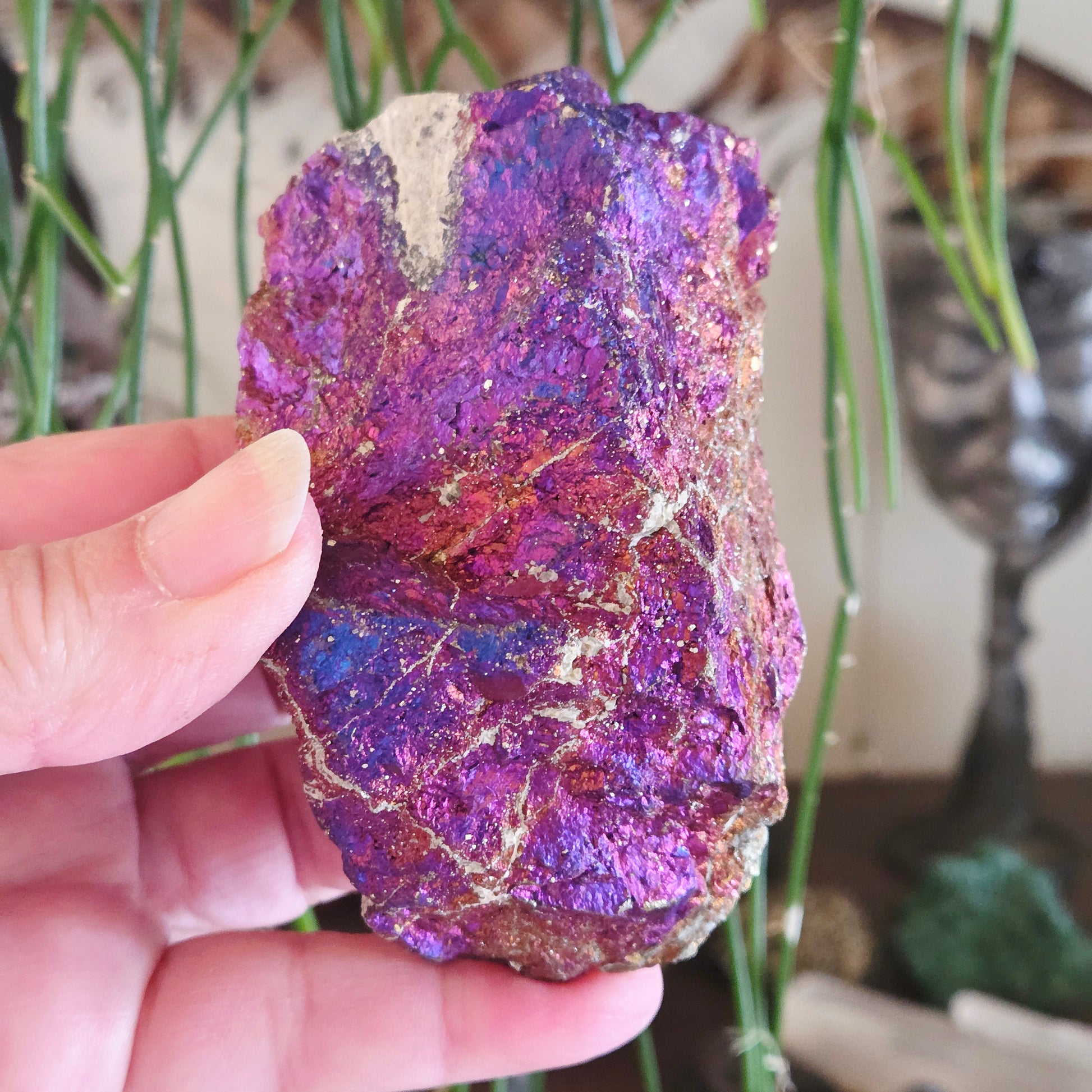 Hand holding a purple and pink crystal with green plants in the background