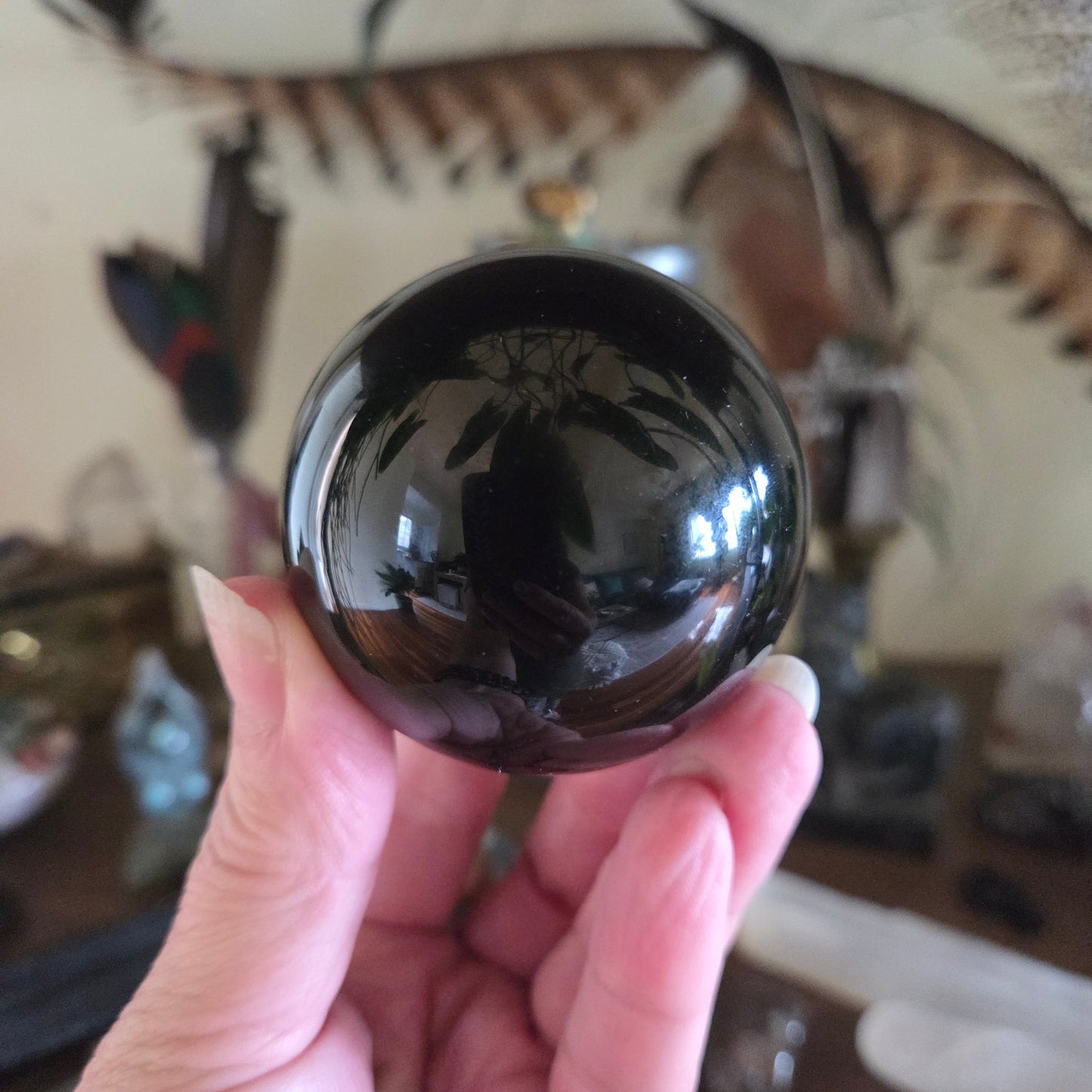 Hand holding a shiny black sphere with a patterned background