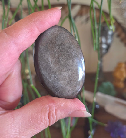 Silver Sheen Obsidian Palm Stone