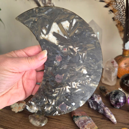 Green Tourmaline & Mica Moon With Stand