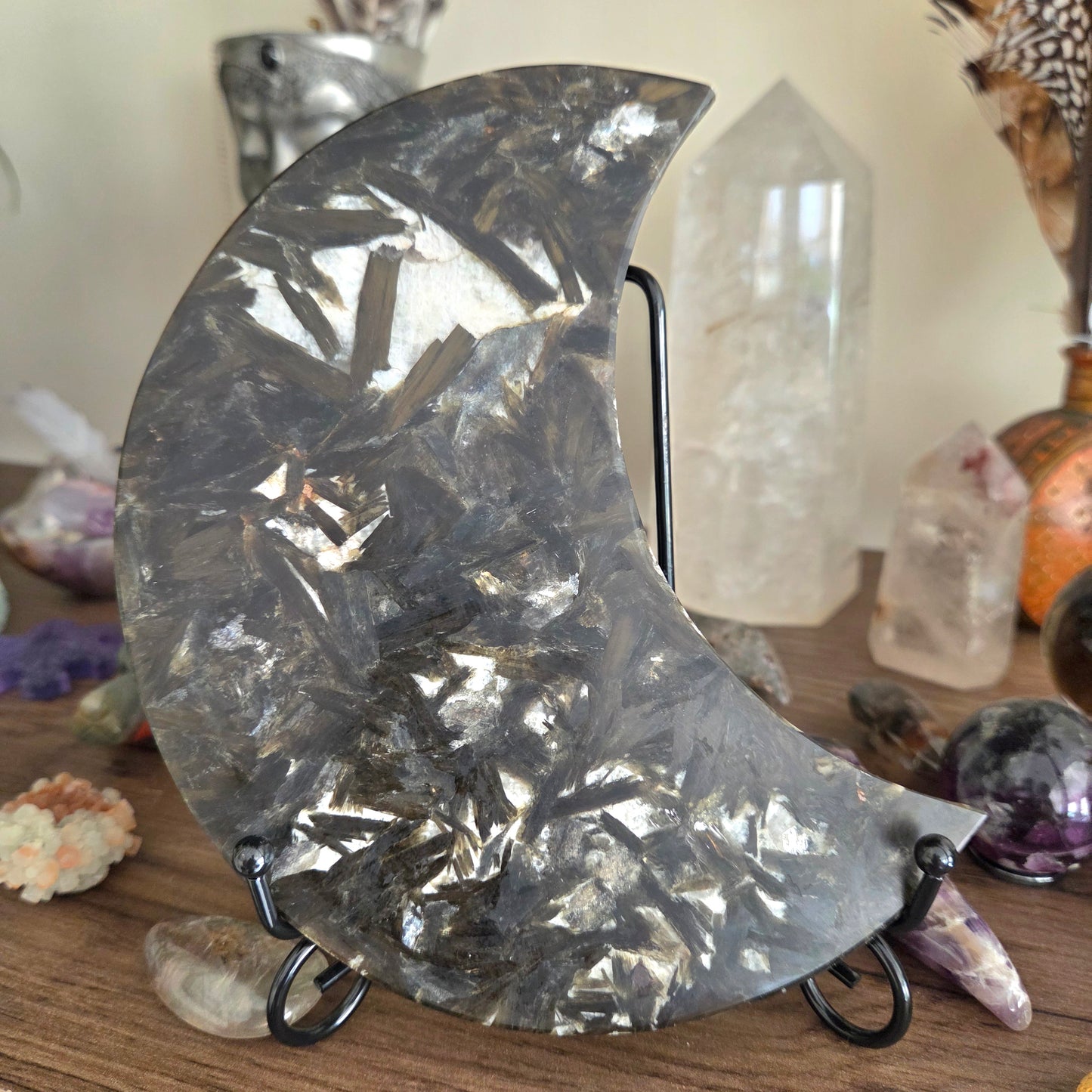 Green Tourmaline & Mica Moon With Stand