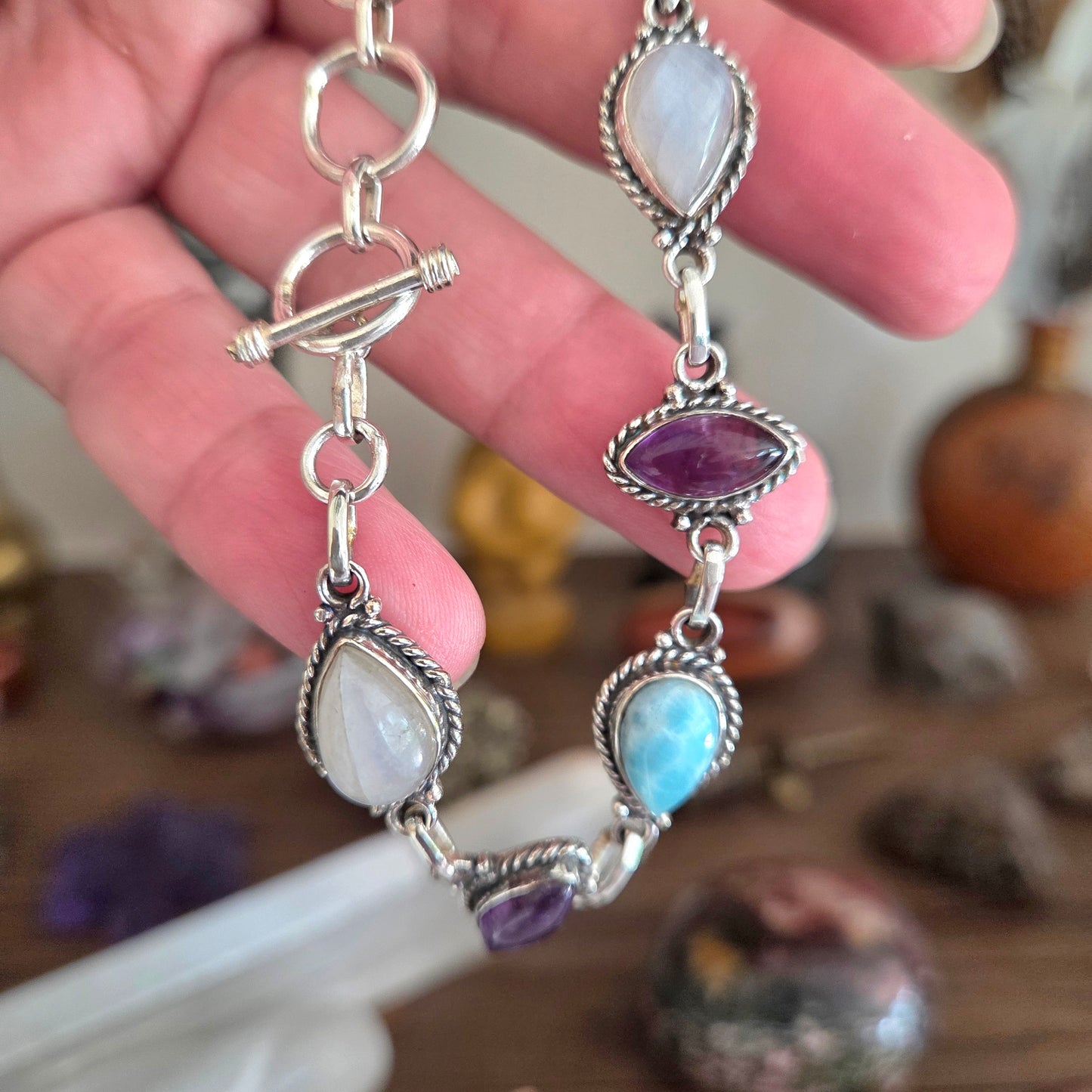 Amethyst, Larimar & Moonstone Fob Bracelet