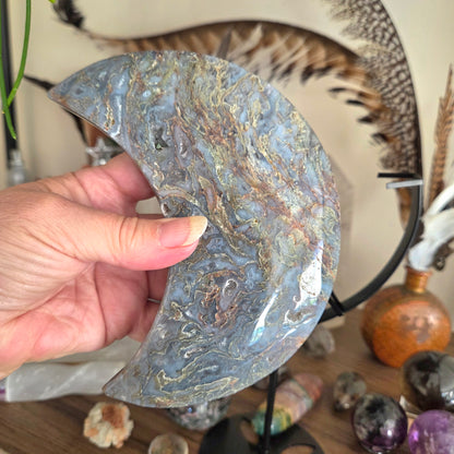 Moss Agate Moon & Metal Stand