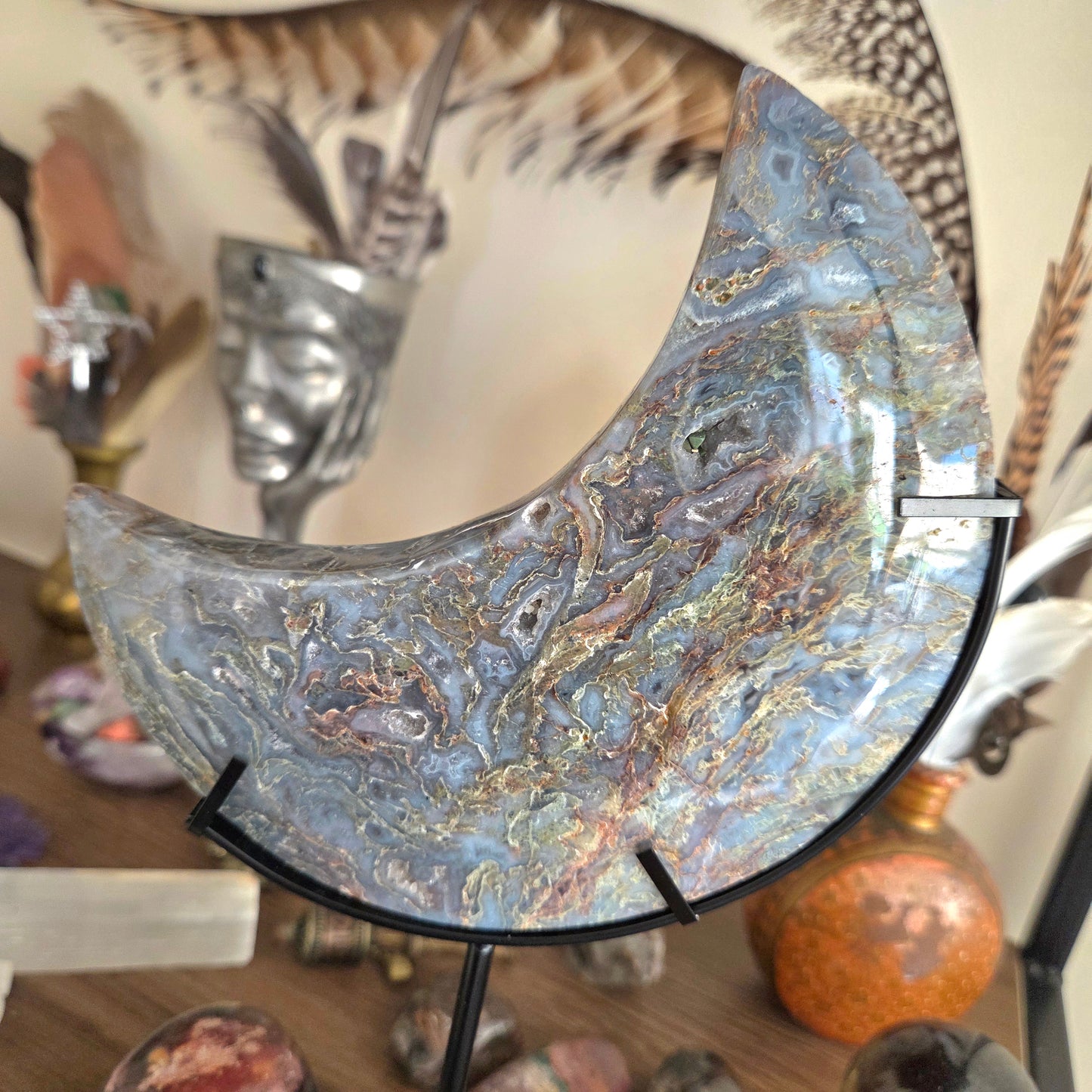 Moss Agate Moon & Metal Stand