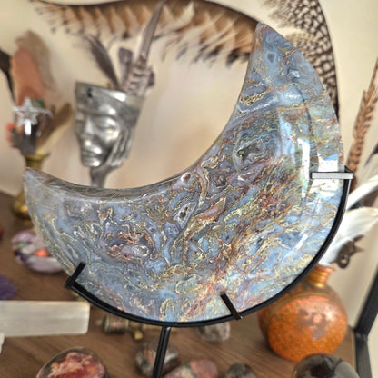 Moss Agate Moon & Metal Stand