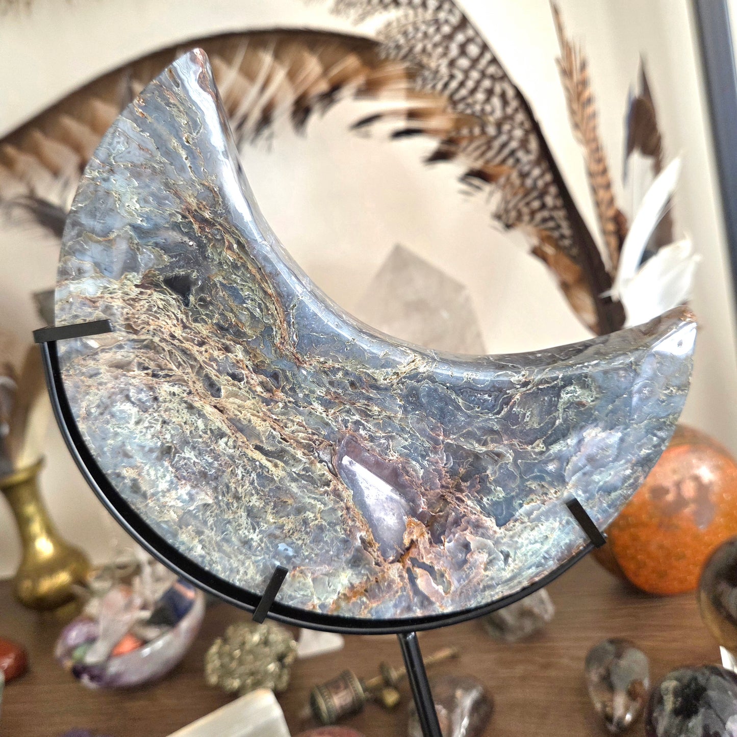 Moss Agate Moon & Metal Stand