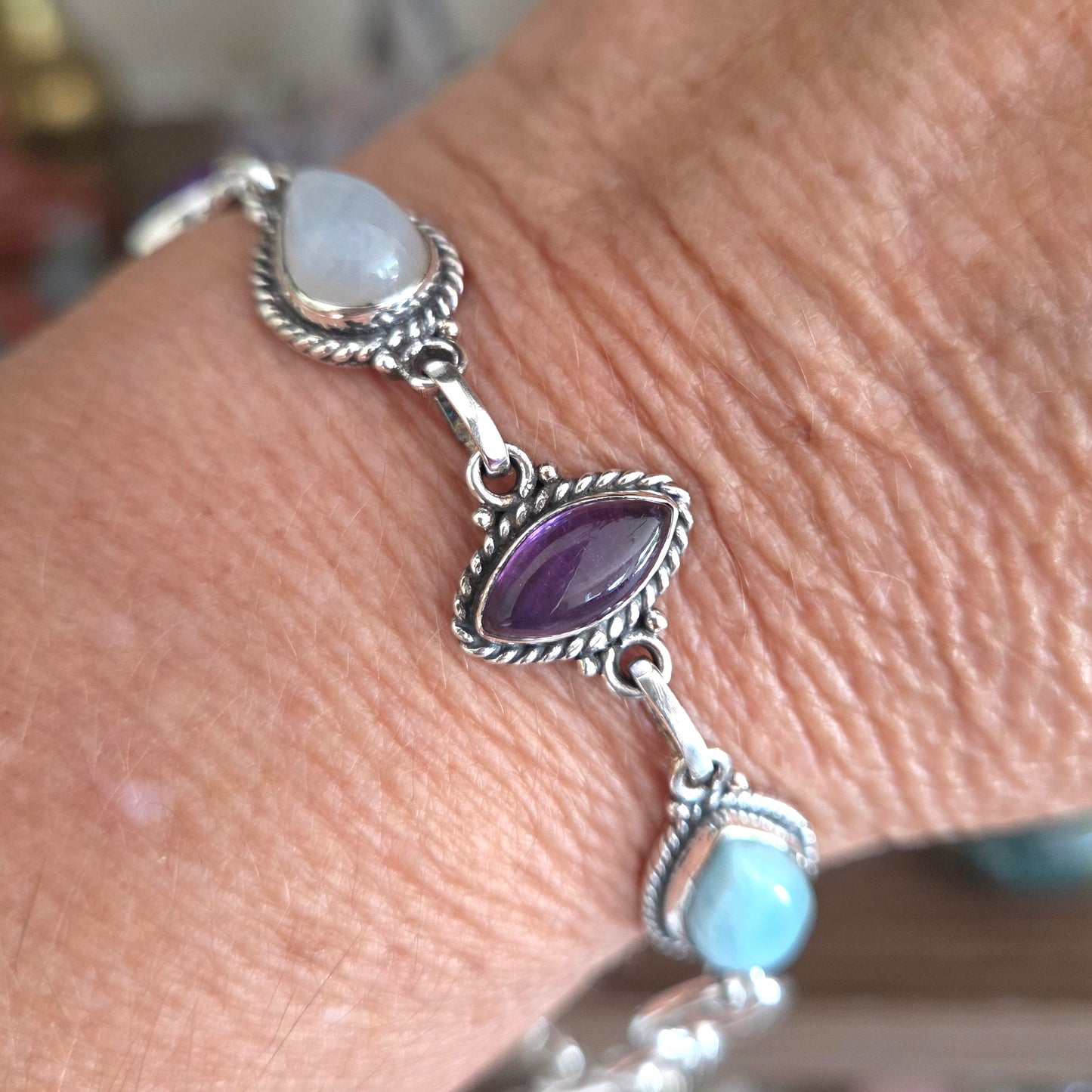 Amethyst, Larimar & Moonstone Fob Bracelet