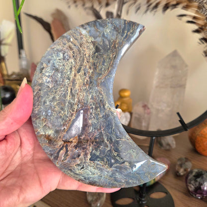 Moss Agate Moon & Metal Stand