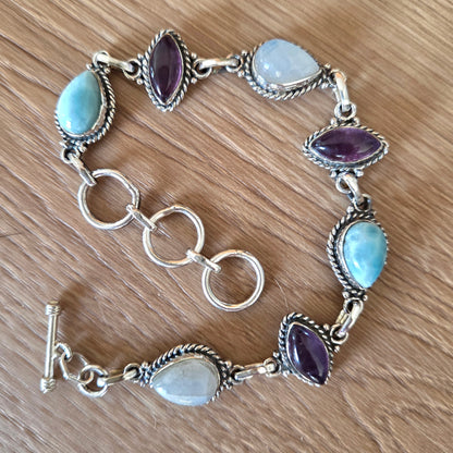 Amethyst, Larimar & Moonstone Fob Bracelet