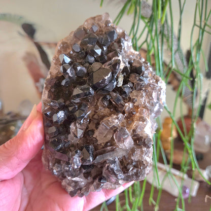 Hand holding a large crystal cluster with a blurred indoor background