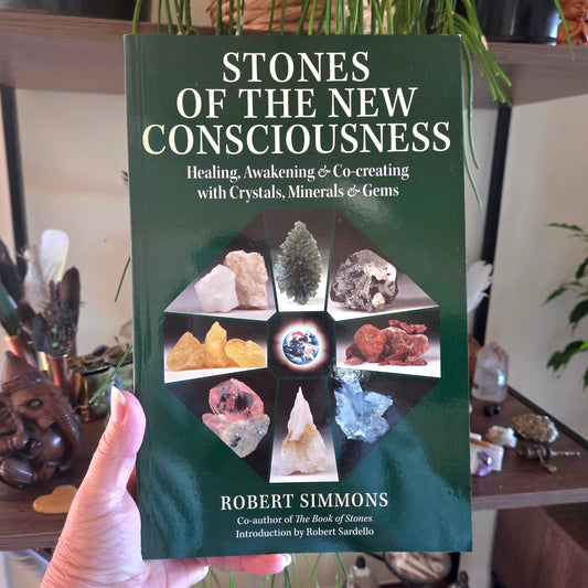 Book titled 'Stones of the New Consciousness' held by a person with a background of crystals and plants.